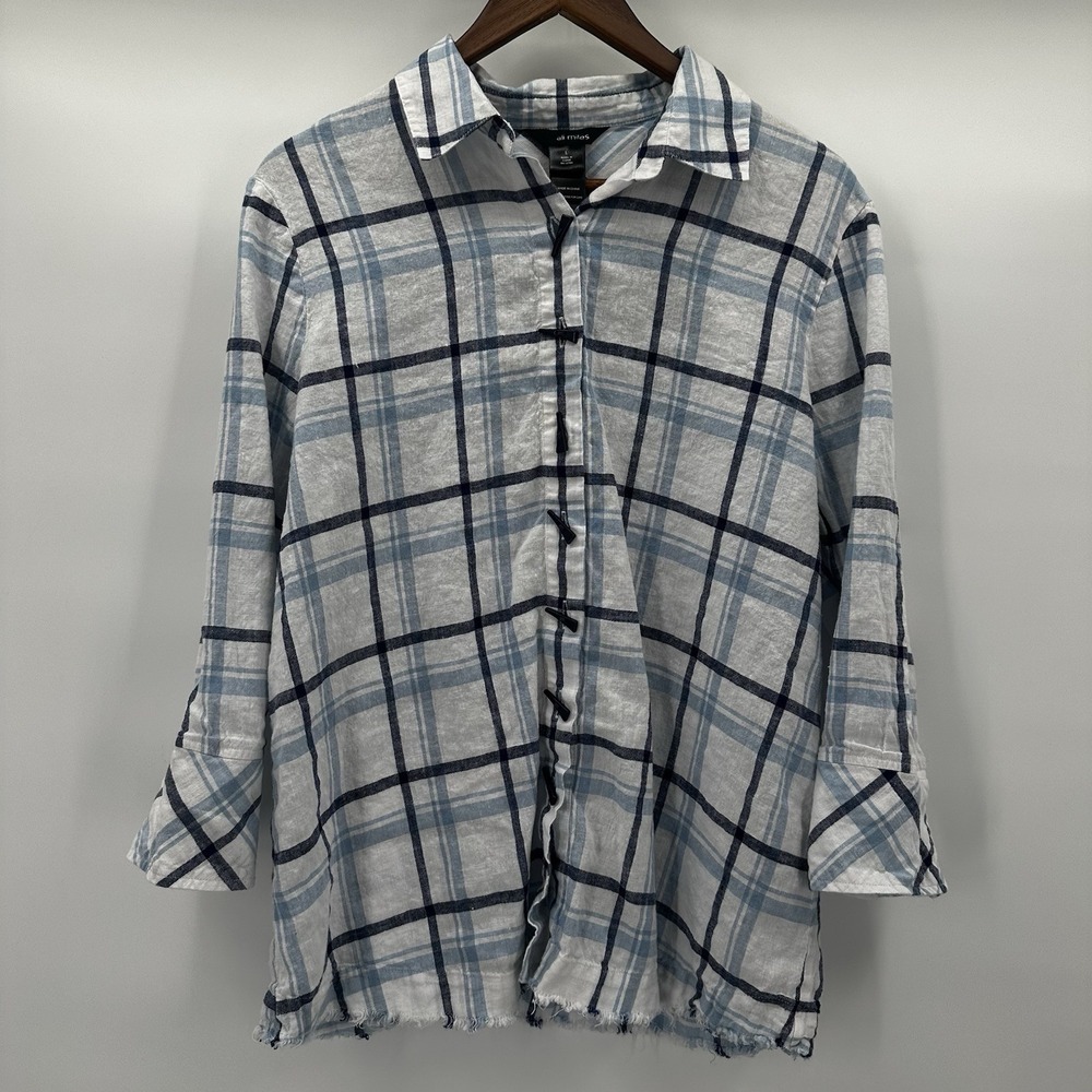 Ali Miles Top Shirt Womens Large Blue Plaid Linen Blend Toggle Button Boxy